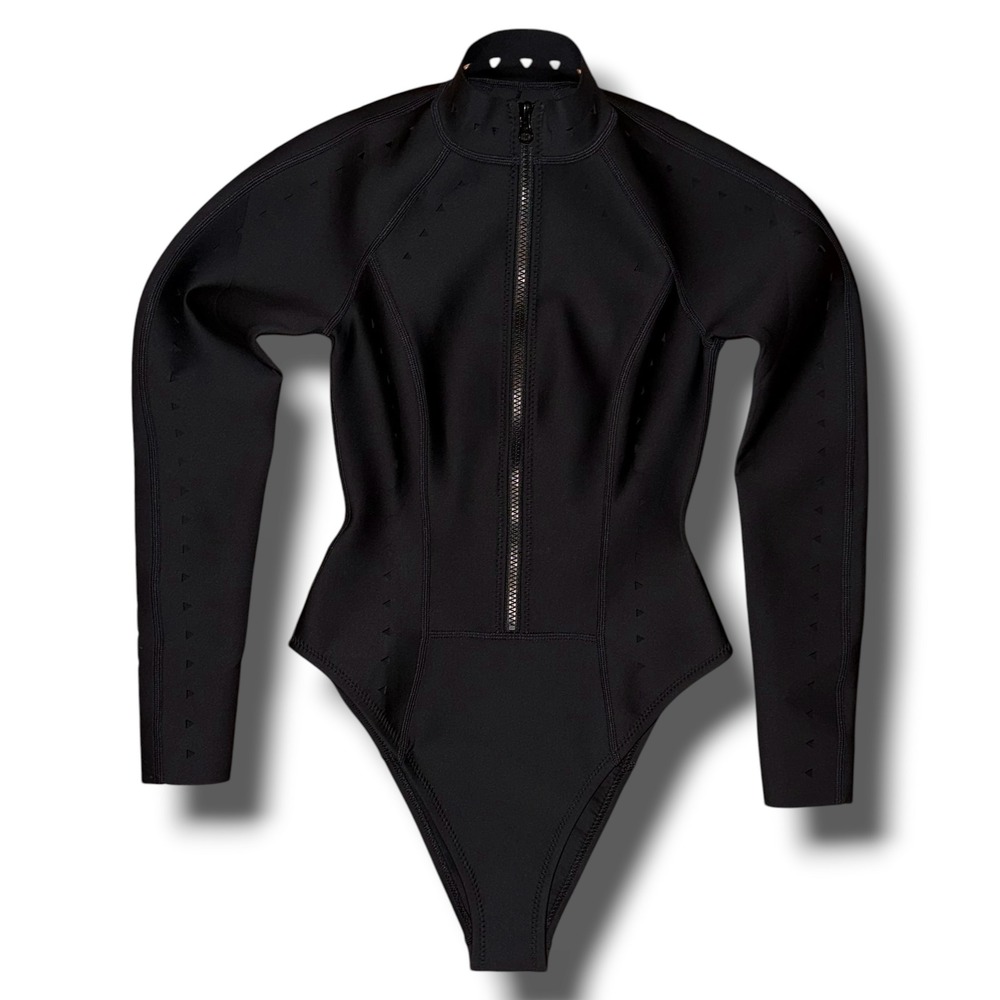 Long Sleeve Black One-Piece Zip Front Swimsuit